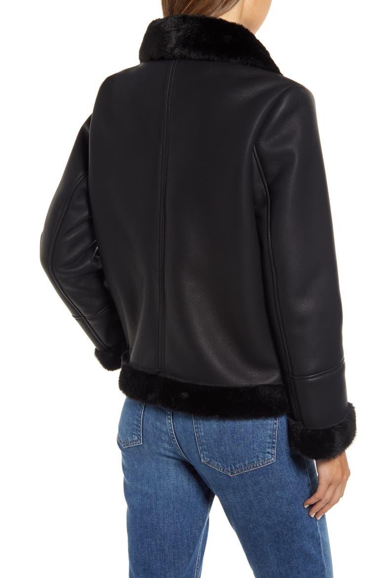 Faux Fur Trim Faux Leather Jacket, Alternate, color, BLACK