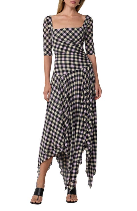 Leslie Gingham Handkerchief Hem Midi Dress