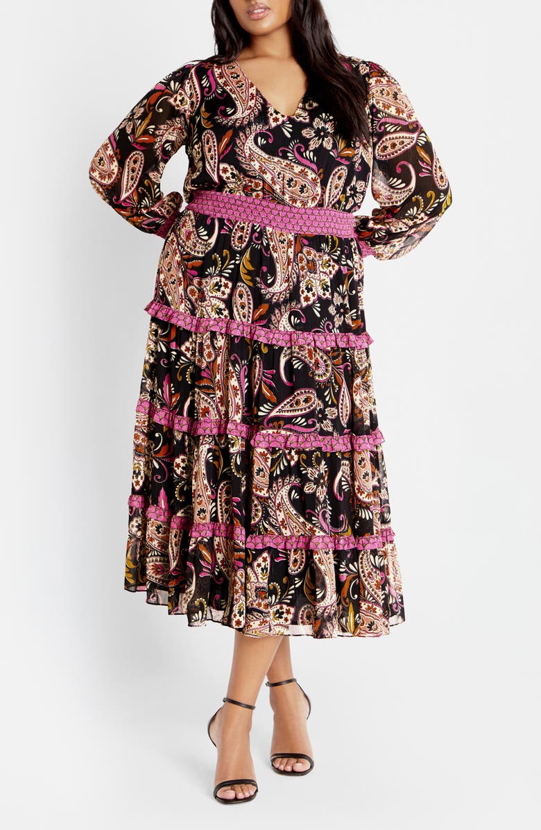 City Chic Gwendolyn Paisley Long Sleeve Tiered Midi Dress, Main, color, Paisley