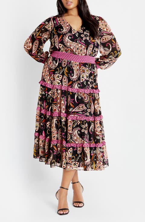 Gwendolyn Paisley Long Sleeve Tiered Midi Dress (Plus)