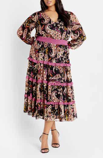 Gwendolyn Paisley Long Sleeve Tiered Midi Dress