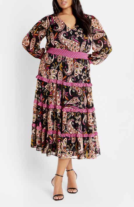 Gwendolyn Paisley Long Sleeve Tiered Midi Dress