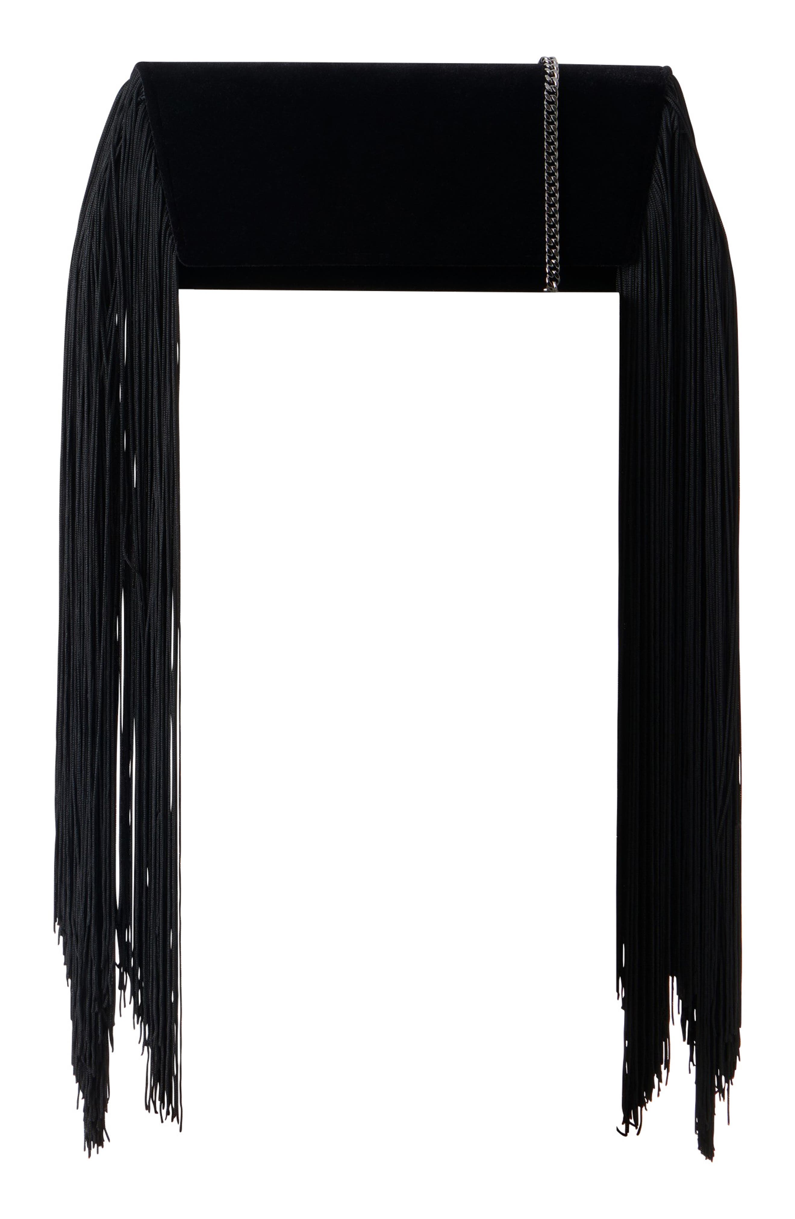 Small Anouk Fringe Velvet Trapezoid Clutch, Main, color, BLACK