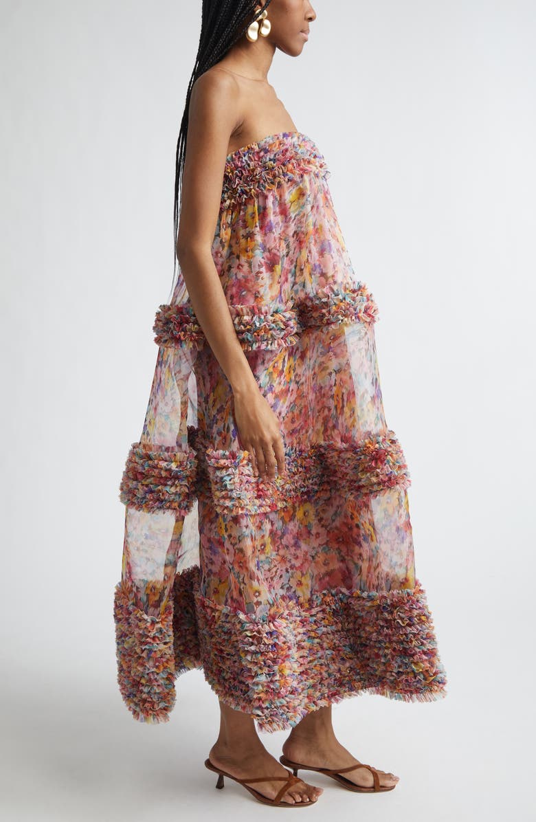Zimmermann Kindred Spirit Luna Ruffle Bandeau Silk Organza Gown, Alternate, color, Multi Floral