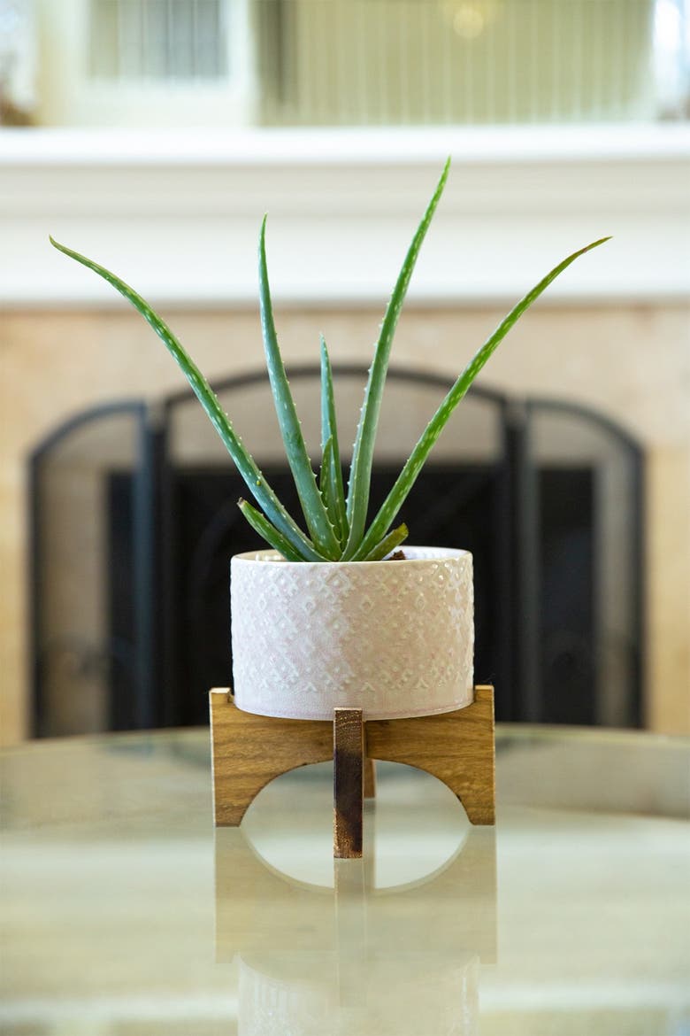 5" Geo Ceramic Planter on Wood Stand, Alternate, color, PINK