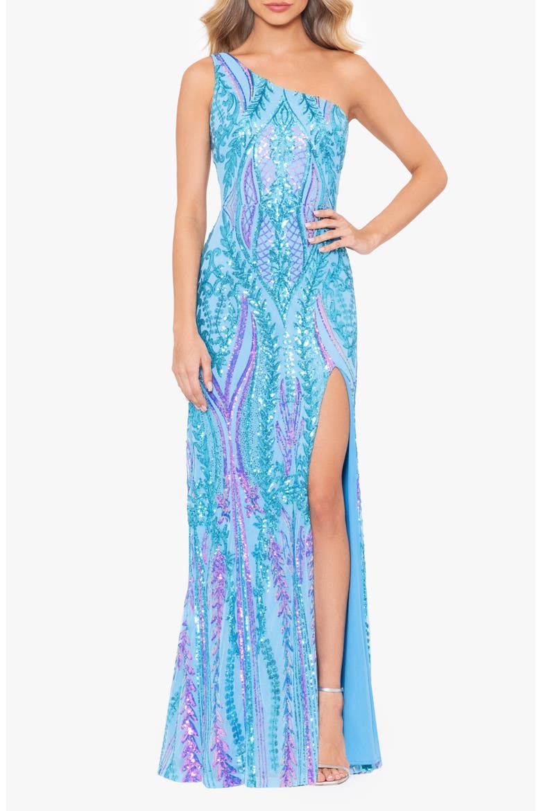 Sequin Tie-Back Gown, Main, color, AQUA MULTI