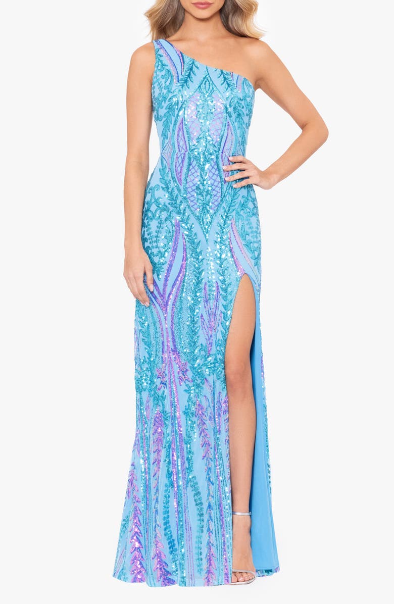 Blondie Nites Sequin Tie-Back Gown, Main, color, Aqua Multi