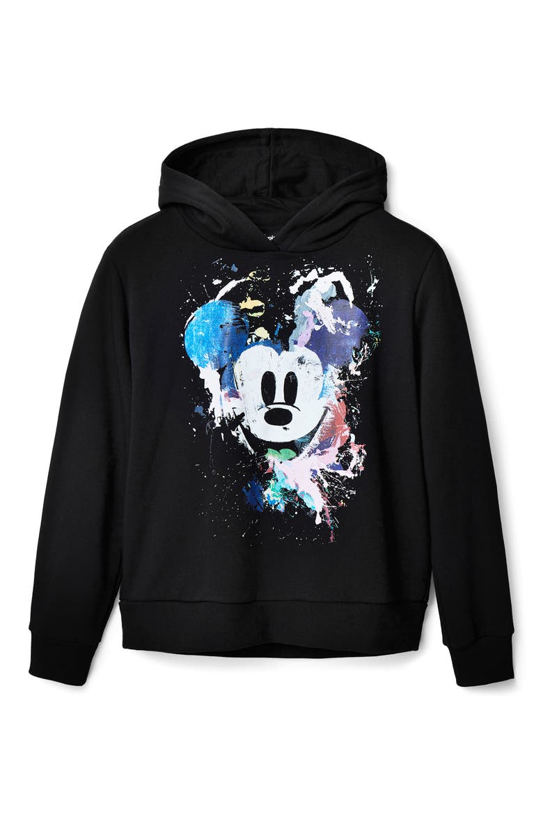 Mickey Mouse Splattered Graphic Hoodie, Alternate, color, BLACK