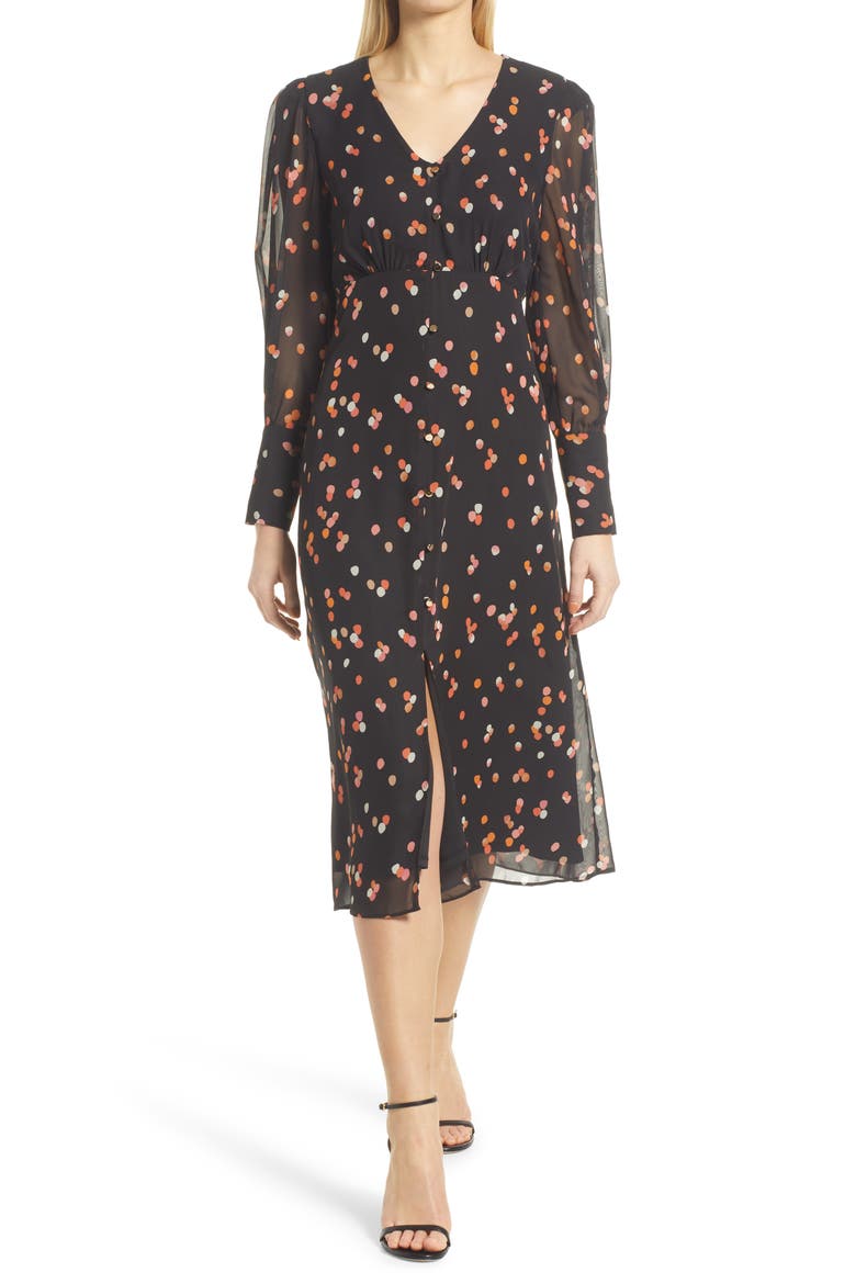 Dot Long Sleeve Chiffon Midi Dress, Main, color, BLACK MULTI