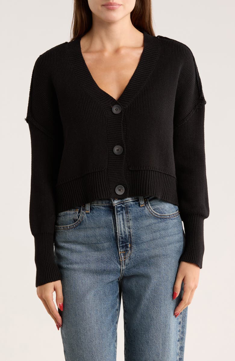 RDI Button Front Cotton Blend Crop Cardigan, Main, color, Black