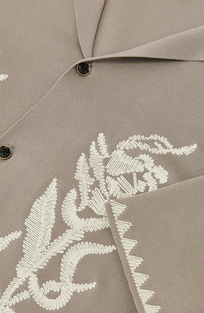 Reiss Folia Floral Embroidered Knit Camp Shirt, Alternate, color, Champagne