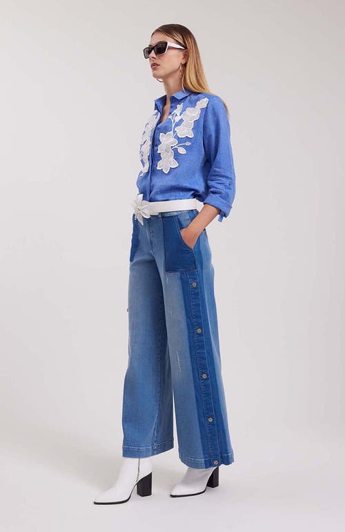 Anne Fontaine Shirt  Citron Blue Linen Shirt With White Floral Applique In Blue