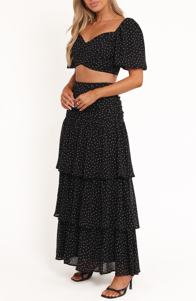 Petal & Pup Selina Polka Dot Crop Top & Tiered Maxi Skirt Set, Alternate, color, Black Polka Dot