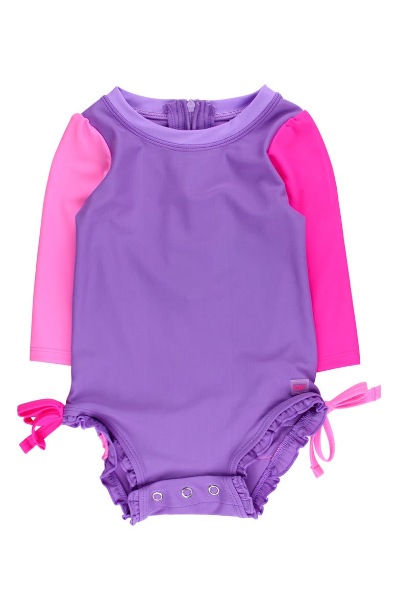 RuffleButts Kids' Neon Long Sleeve One-Piece Rashguard Swimsuit, Main, color, Purple
