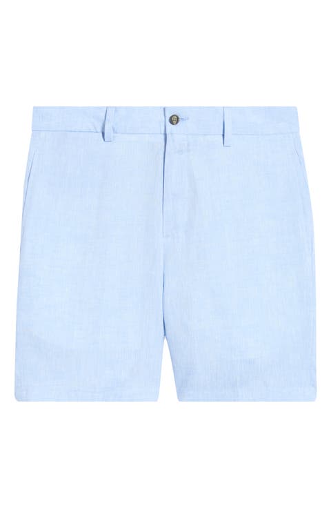 Light Blue Flat Front Linen Shorts