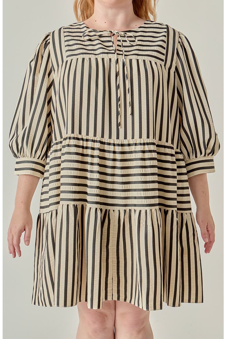 Striped Tiered Minidress, Alternate, color, BEIGE/ BLACK