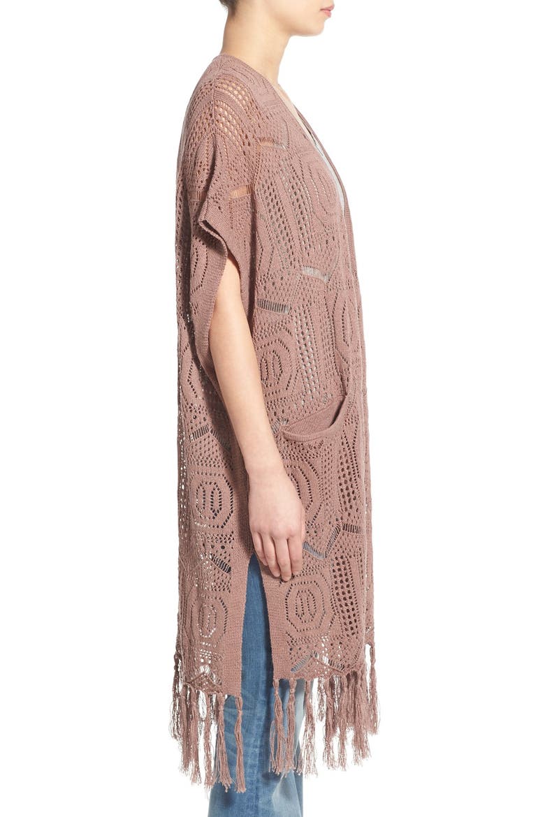 Open Knit Fringe Long Cardigan, Alternate, color, TAN ANTLER