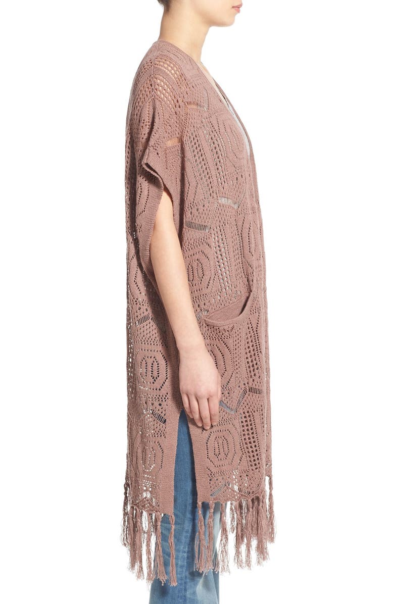 Hinge Open Knit Fringe Long Cardigan, Alternate, color, 