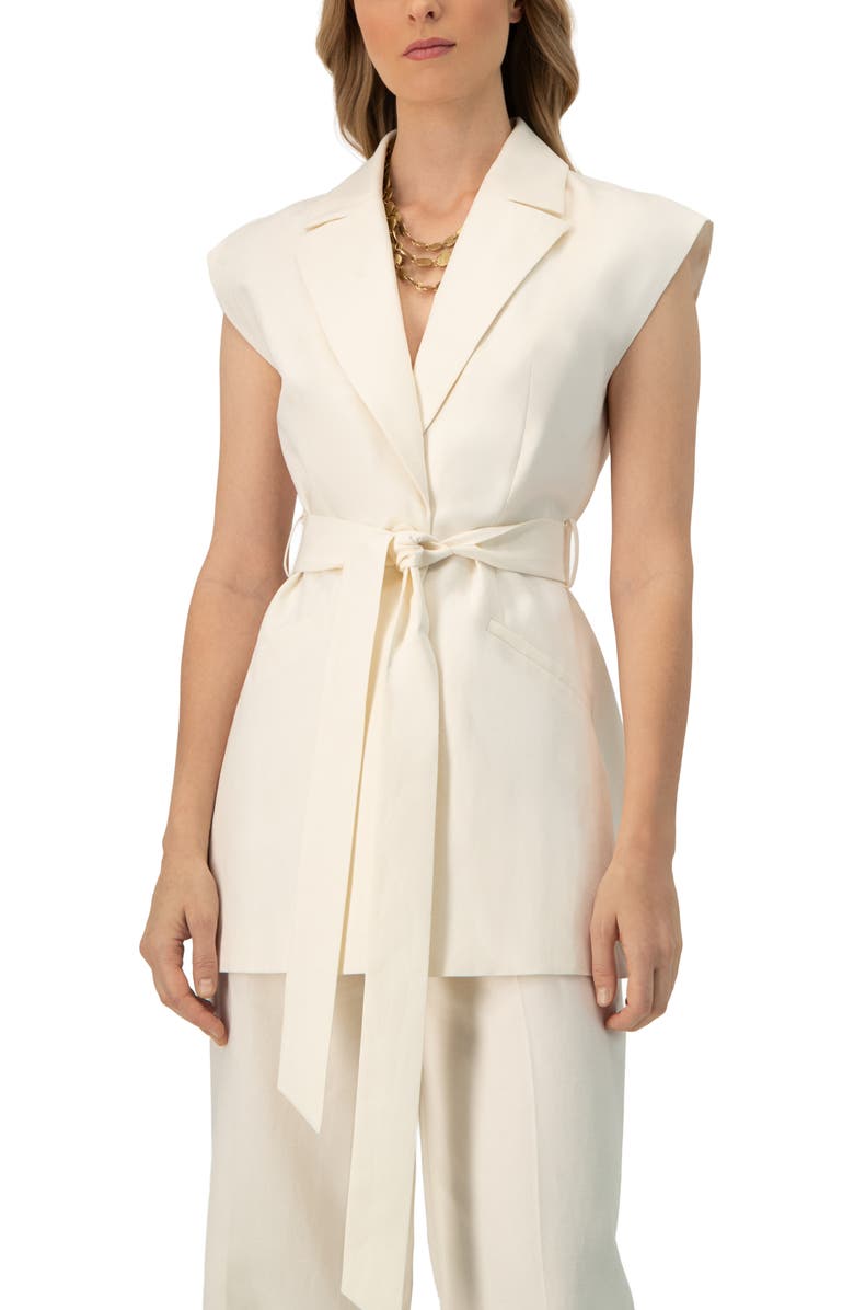 IVONNE Single-Breasted Linen Vest with Waist Tie, Main, color, Ivory