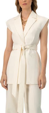 IVONNE Single-Breasted Linen Vest with Waist Tie
