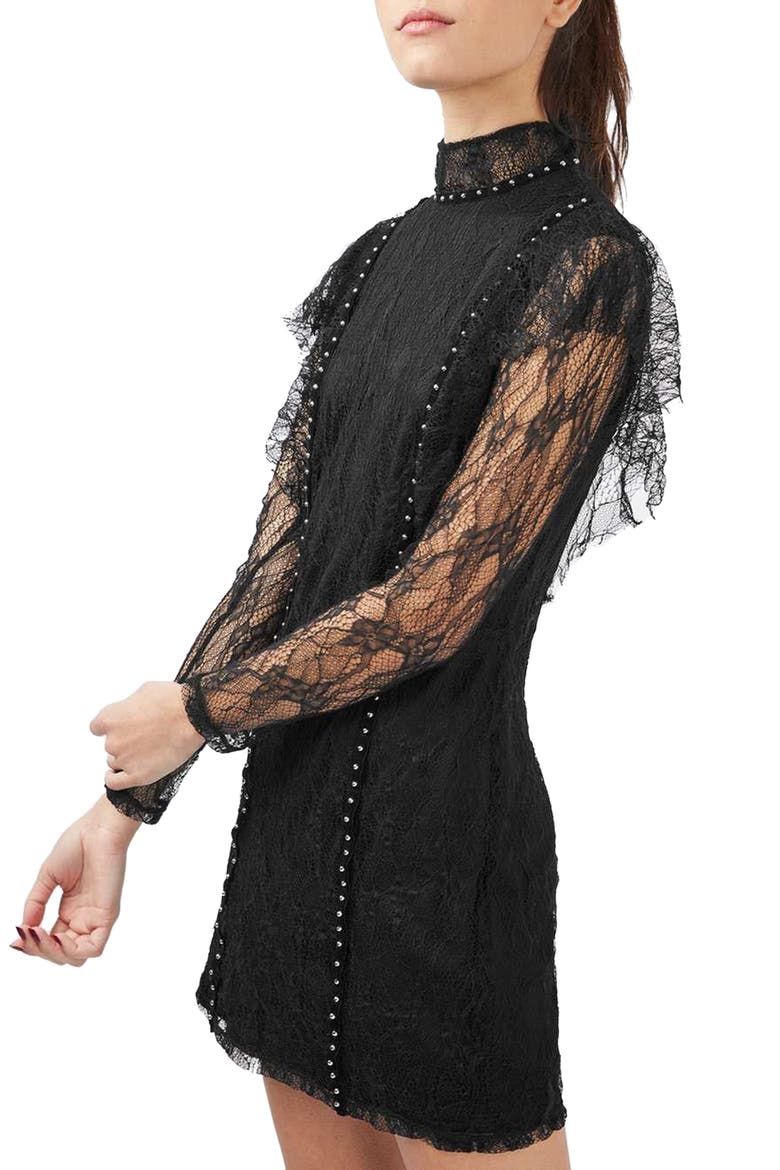 Stud Ruffle Lace Dress, Main, color, BLACK