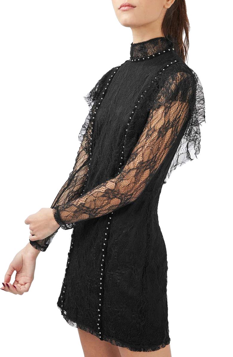 Topshop Stud Ruffle Lace Dress, Main, color, 