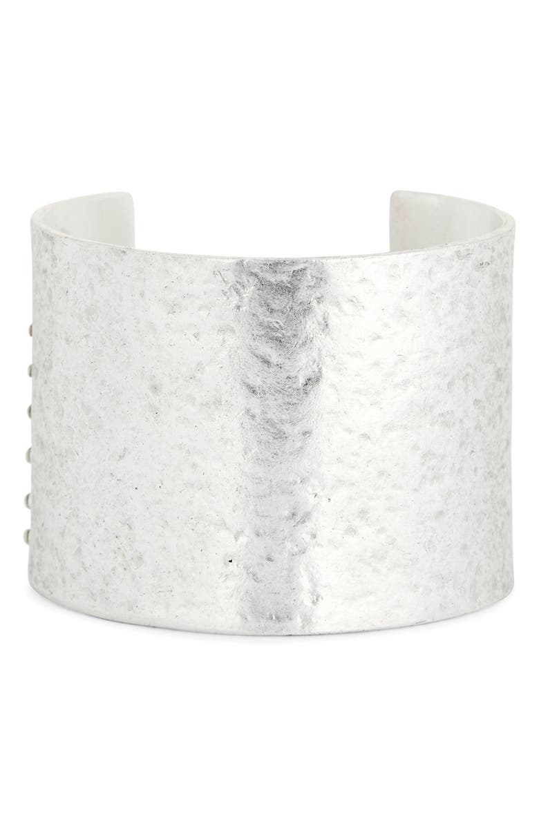 Karine Sultan Crystal Hammered Open Cuff Bracelet, Main, color, Silver