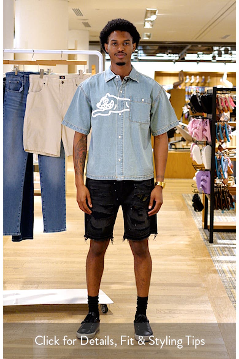 Running Dog Short Sleeve Denim Graphic Button-Up Shirt (Men