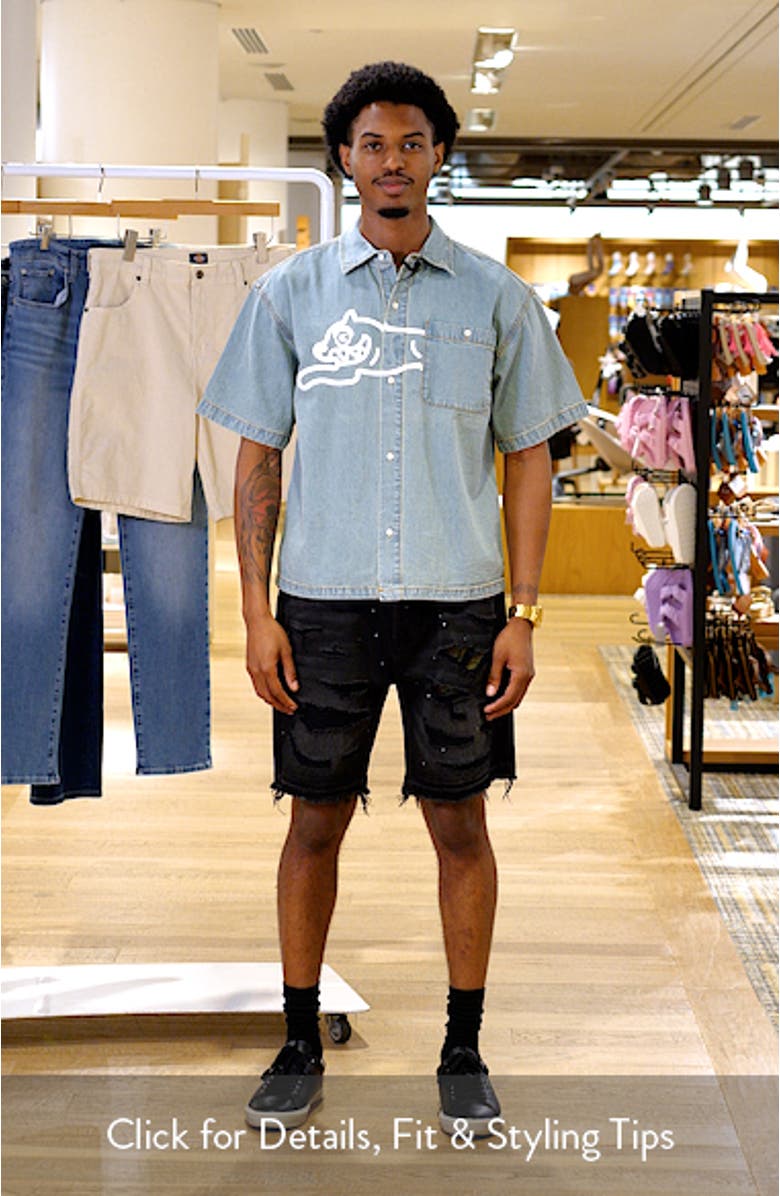 Running Dog Short Sleeve Denim Graphic Button-Up Shirt, sales video thumbnail