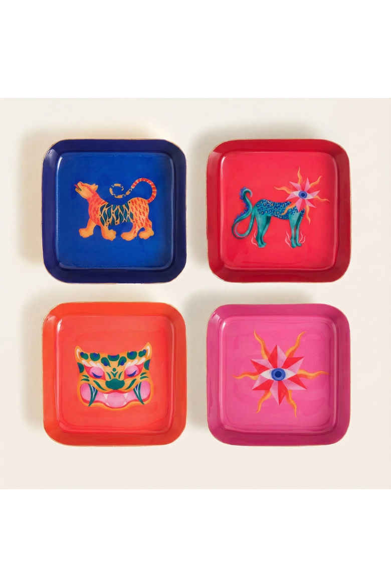 Nanpur Patterned Square Metal Decorative Tray 4 Pcs Set, Main, color, Pink