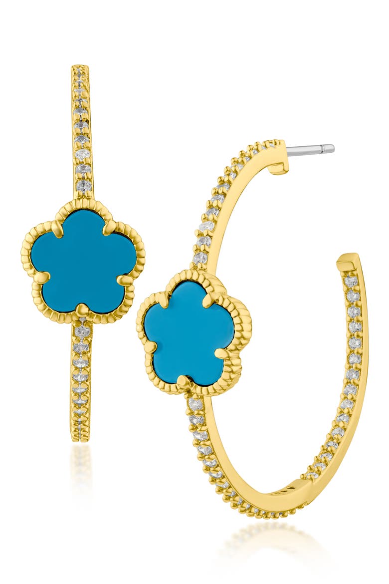 Pavé Clover Hoop Earrings, Main, color, TURQUOISE/ GOLD