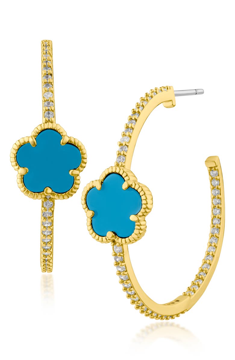 CZ by Kenneth Jay Lane Pavé Clover Hoop Earrings, Main, color, Turquoise/ Gold