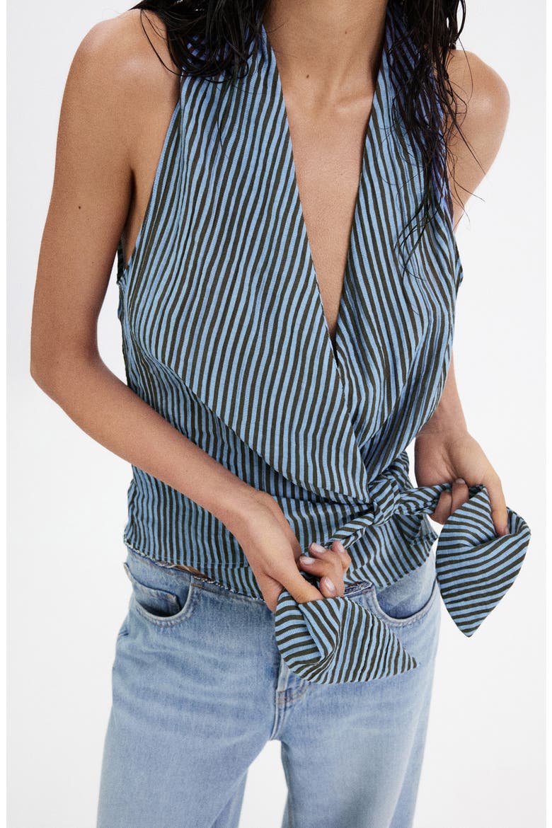 Striped Halter Top with Fixed Knot, Alternate, color, BLUE
