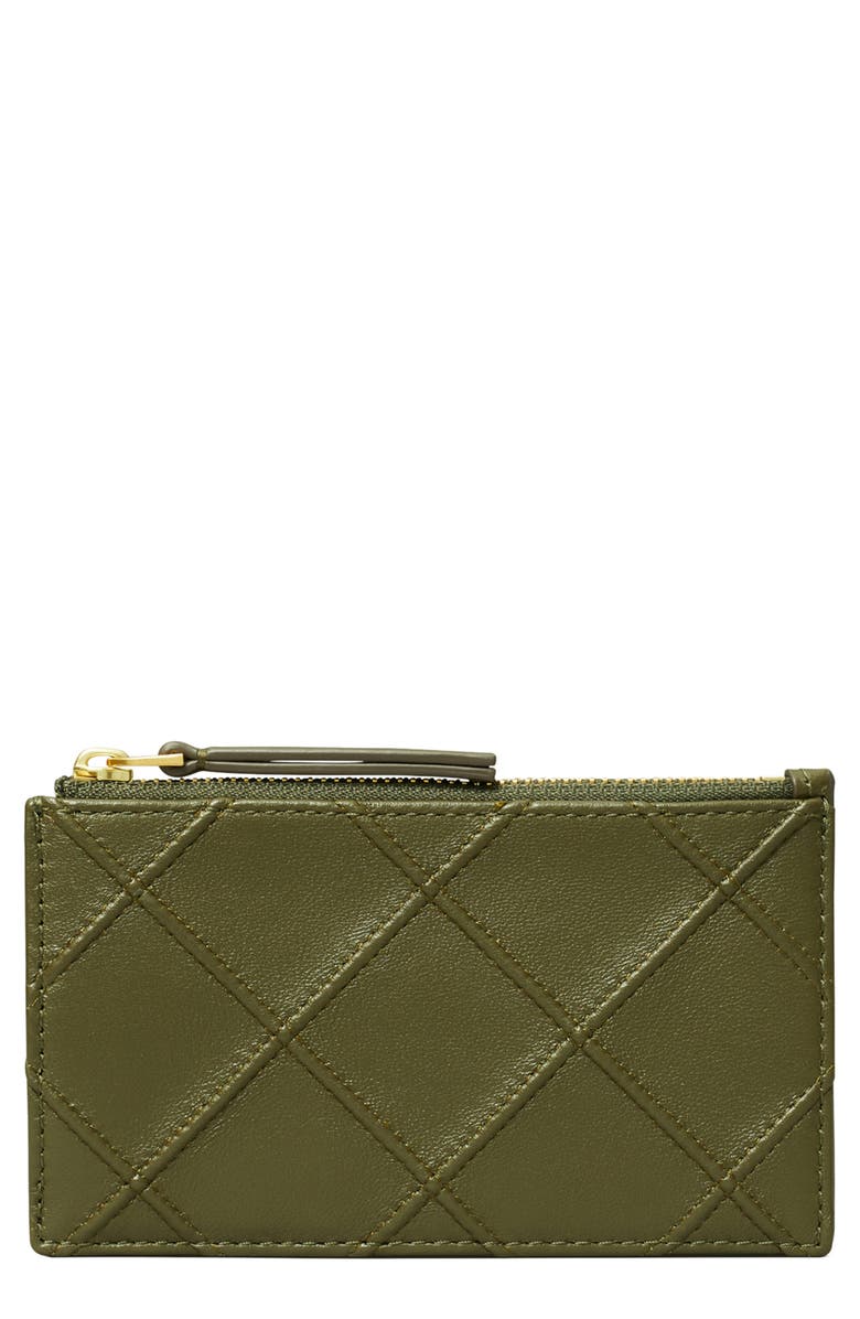 Tory Burch Fleming Quilted Zip Leather Card Case, Main, color, Dark Olive