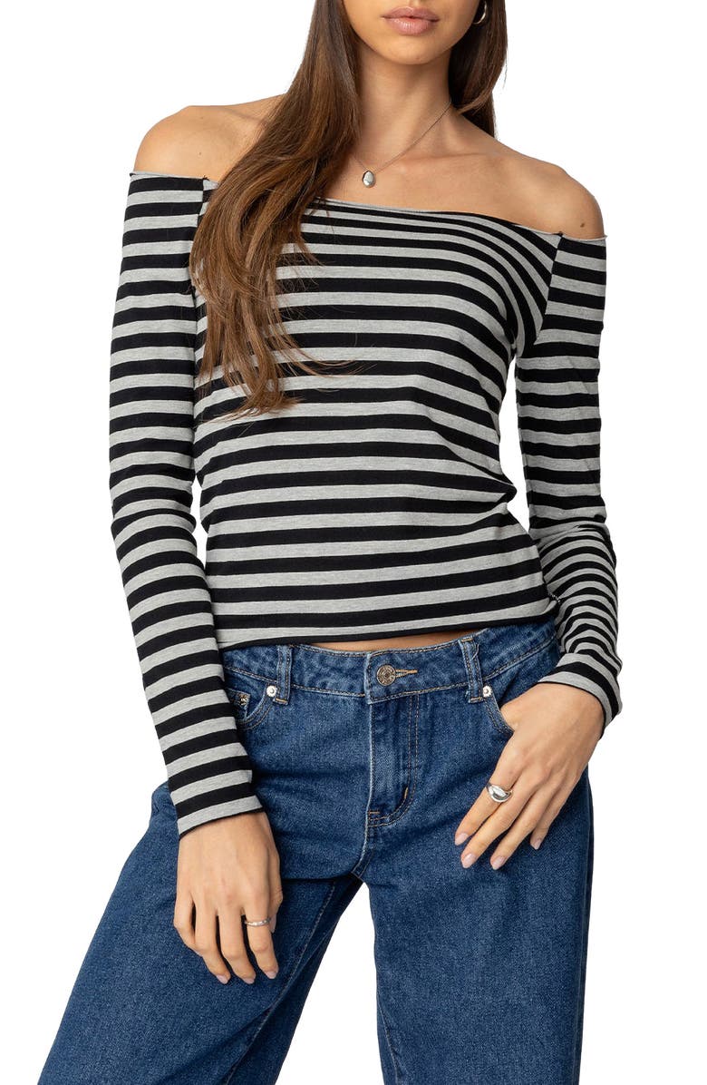 EDIKTED Nelligan Stripe Off the Shoulder Stretch Cotton Knit Top, Main, color, Gray-Melange