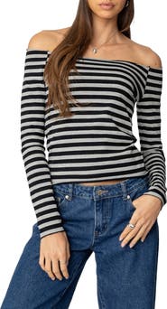 EDIKTED Nelligan Stripe Off the Shoulder Stretch Cotton Knit Top