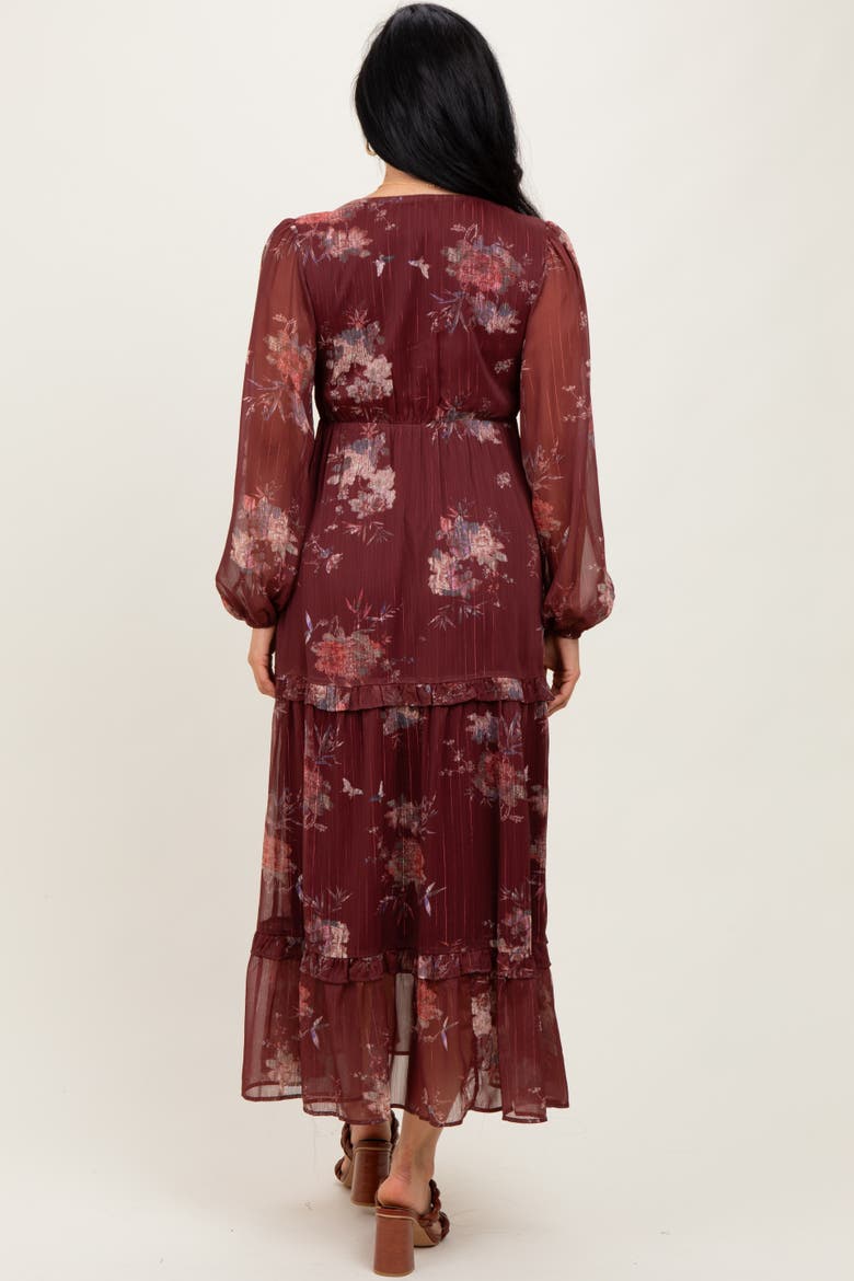 Floral Chiffon V-Neck Long Sleeve Maxi Dress, Alternate, color, Burgundy