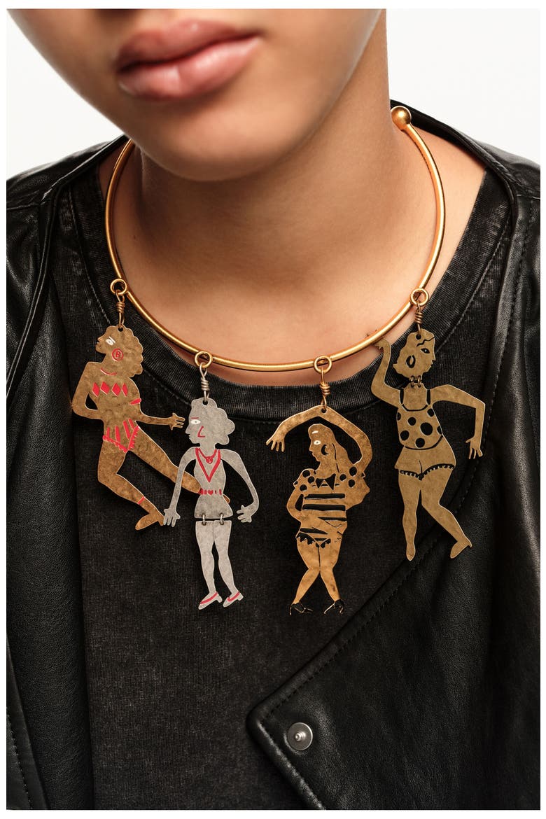 Choker Necklace With Tricolor Metal Silhouettes, Alternate, color, GOLD