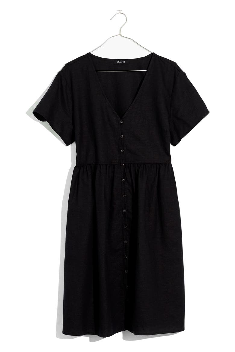 Alexandra Button Front Linen Blend Minidress, Alternate, color, TRUE BLACK