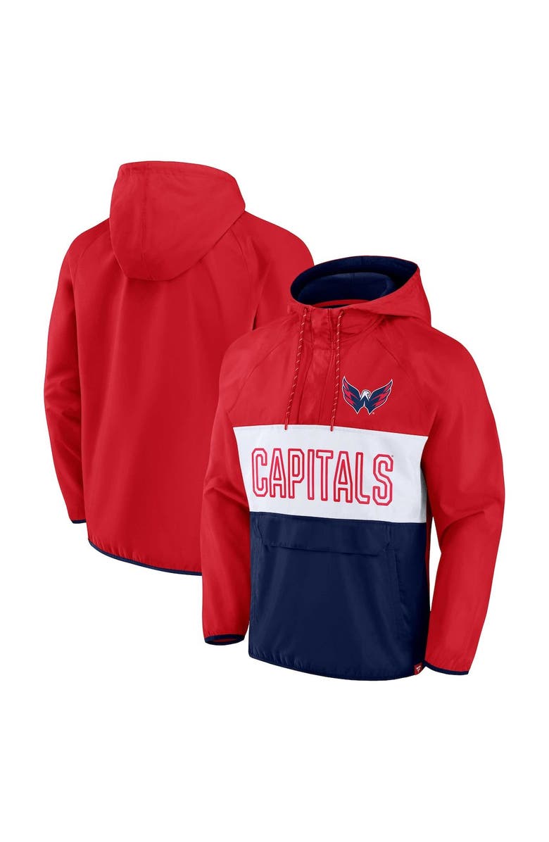 FANATICS Men's Fanatics Branded Red/Navy Washington Capitals Backhand Shooter Defender Anorak Raglan Hoodie Quarter-Zip Jacket, Main, color, Red