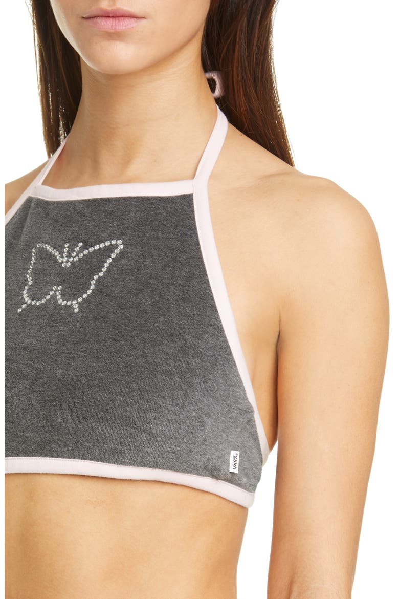 x Sandy Liang Crystal Butterfly Terry Halter Top, Alternate, color, ASPHALT