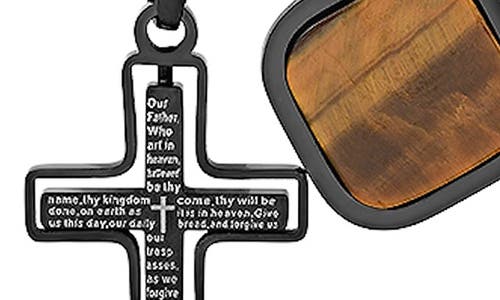 Hmy Jewelry Cross & Tiger's Eye Pendant Necklace In Black