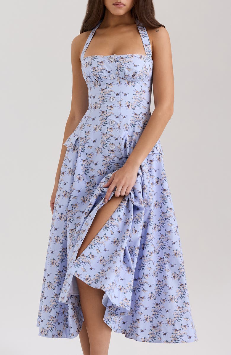 HOUSE OF CB Claudia Floral Halter Midi Dress, Alternate, color, Bee Floral Blue