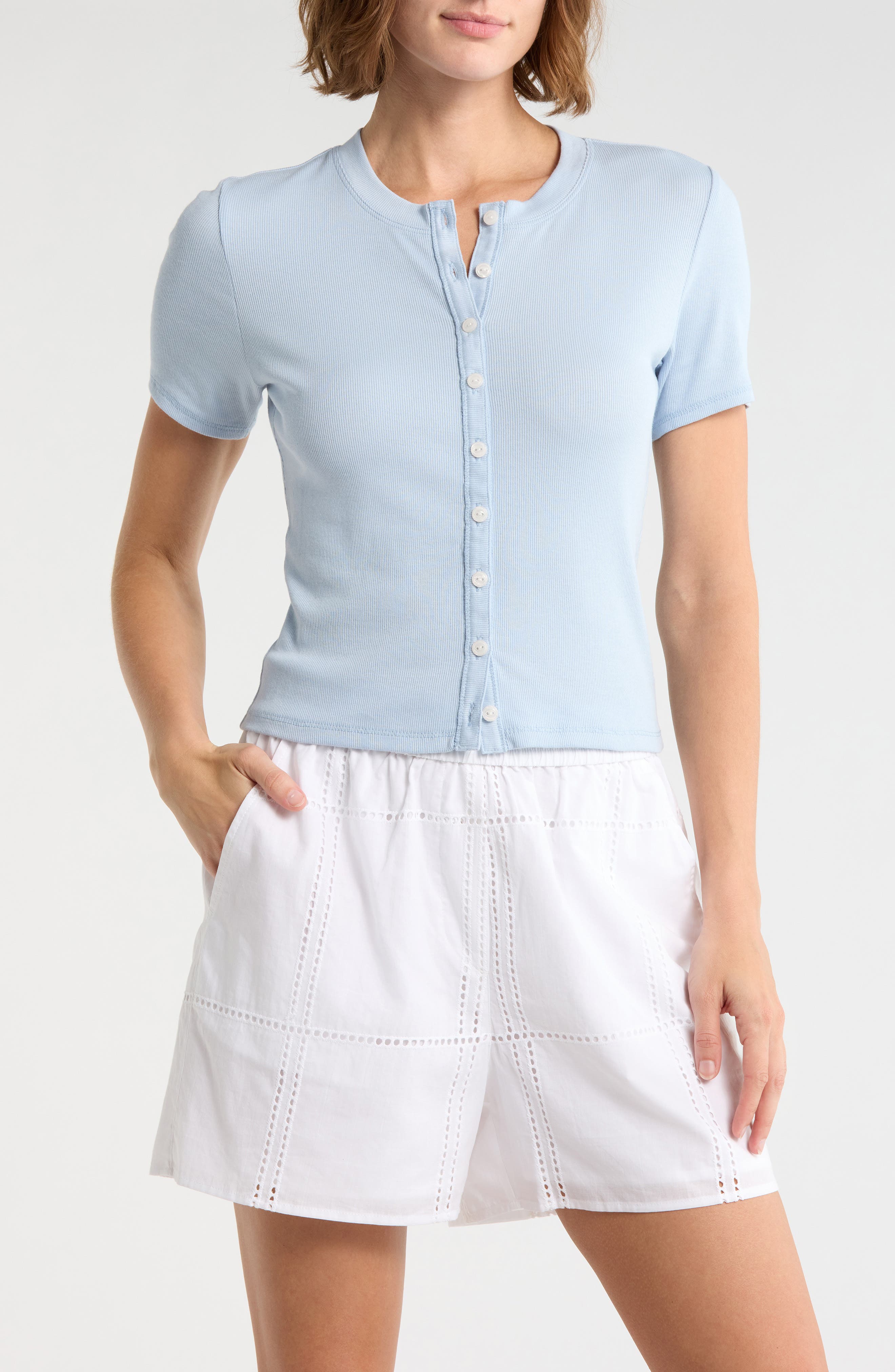 Essie Short Sleeve Button-Up Crop T-Shirt - image 3