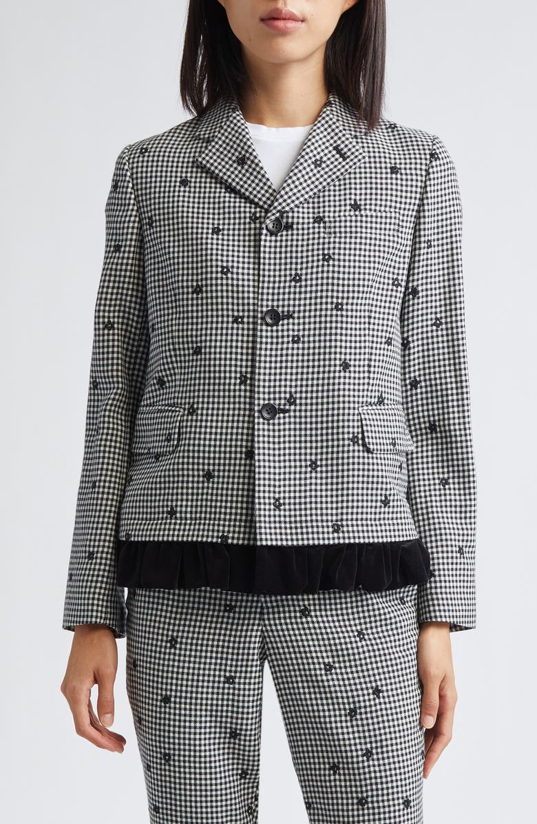Comme des Garçons Girl Floral Embroidered Gingham Tropical Weight Wool Blend Blazer with Velvet Ruffle, Main, color, Black / Black / White