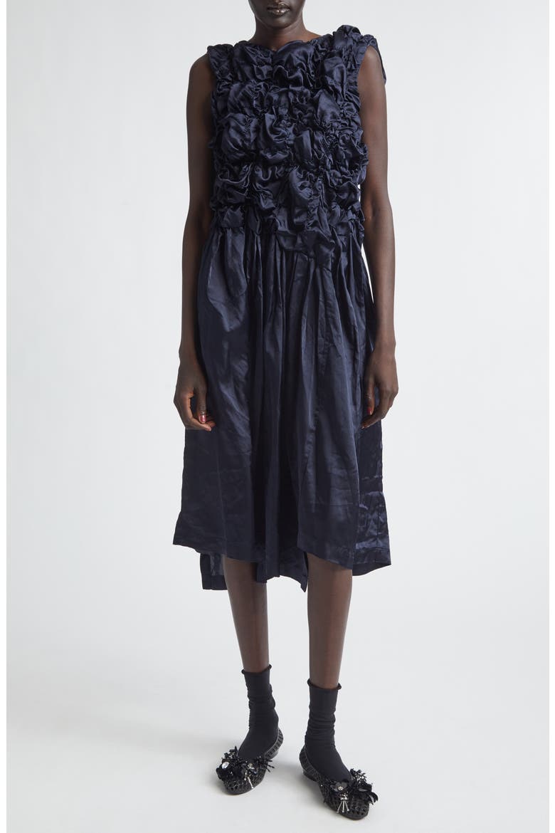 Gathered Ruffle Satin Dress, Main, color, NAVY
