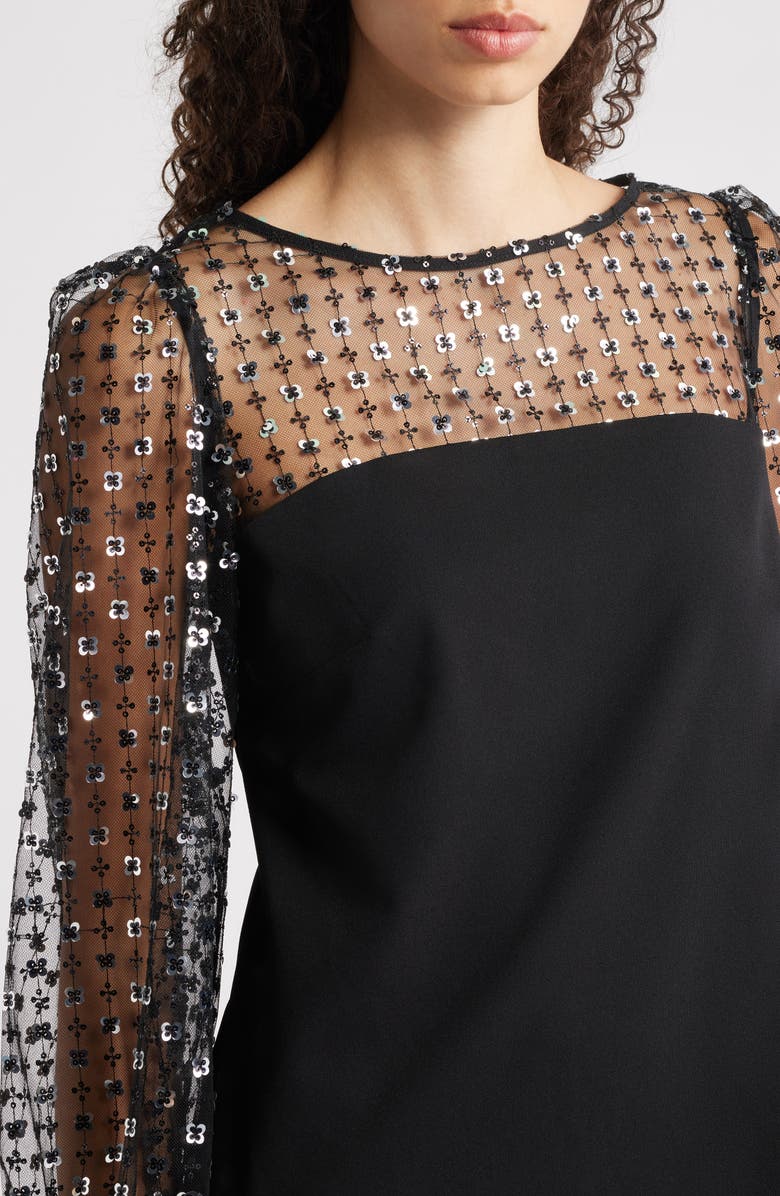 Anne Klein Bead Illusion Lace Detail Long Sleeve Crepe Dress, Alternate, color,