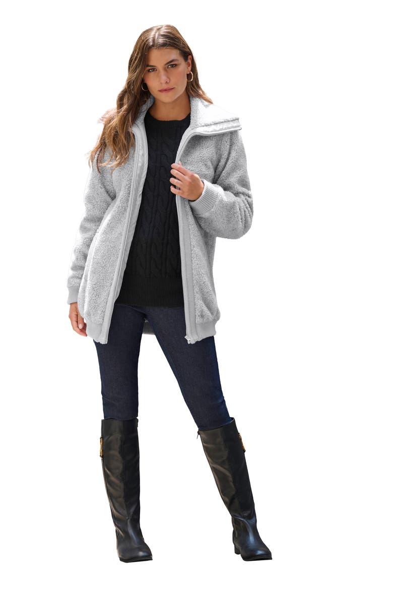 Plus Size High Collar Teddy Fleece Bomber, Main, color, HEATHER GREY