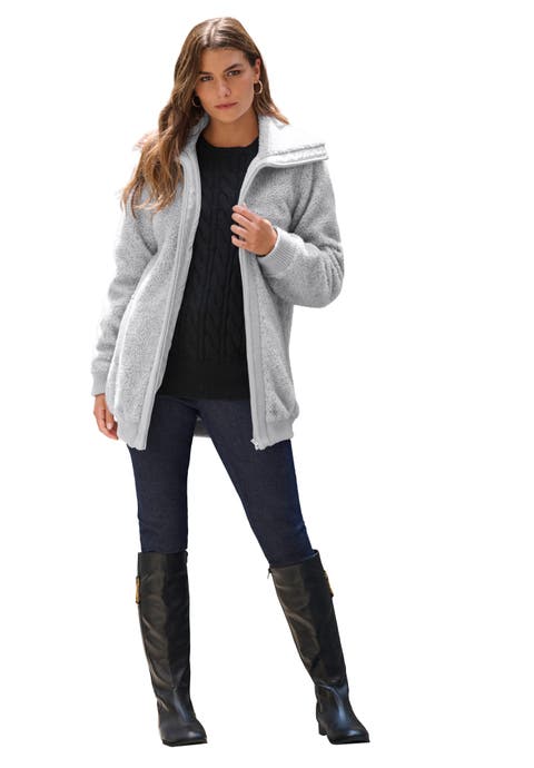 Plus Size High Collar Teddy Fleece Bomber (Plus)