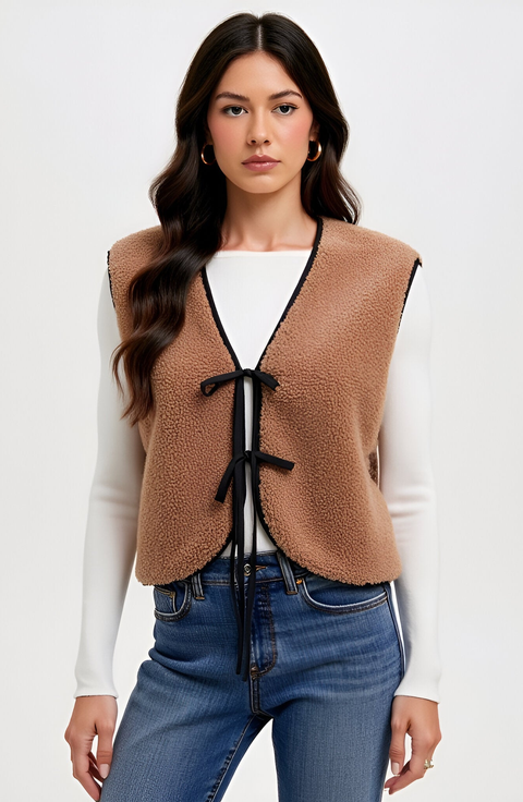 Faux Shearling Contrast-Trim Tie-Front Vest